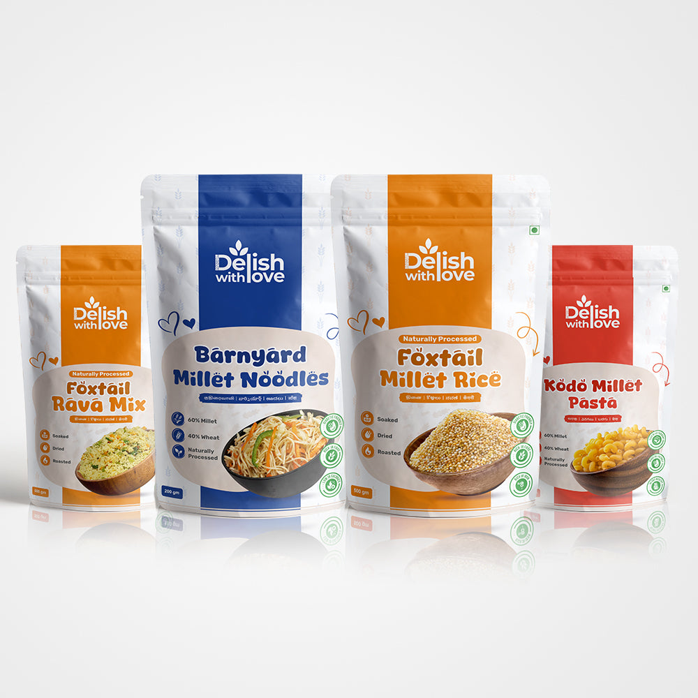 Siridhanaya Diabetic-Friendly Health Combo  - (Foxtail Rice-500g, Kodo Pasta-200g, Foxtail Rava Mix-250g, Barnyard  Noodles-200g) | Low GI | High Fiber | Supports Digestive Health | Boosts Energy & Immunity | Gluten-Free