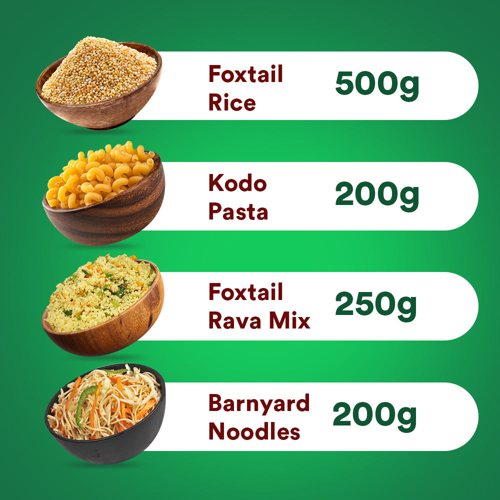 Siridhanaya Diabetic-Friendly Health Combo  - (Foxtail Rice-500g, Kodo Pasta-200g, Foxtail Rava Mix-250g, Barnyard  Noodles-200g) | Low GI | High Fiber | Supports Digestive Health | Boosts Energy & Immunity | Gluten-Free