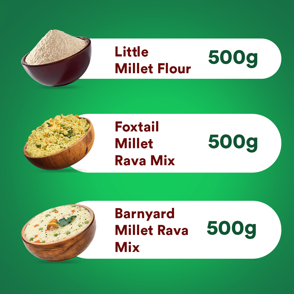 Siridhanaya Breakfast Bliss Health Combo Pack - (Little Millet Flour [for Dosa or Pancakes] - 500g, Foxtail Millet Rava Mix - 500g, Barnyard Millet Rava Mix  - 500g)  | High Fiber | Supports Digestive Health | Boosts Energy Levels | Gluten-Free