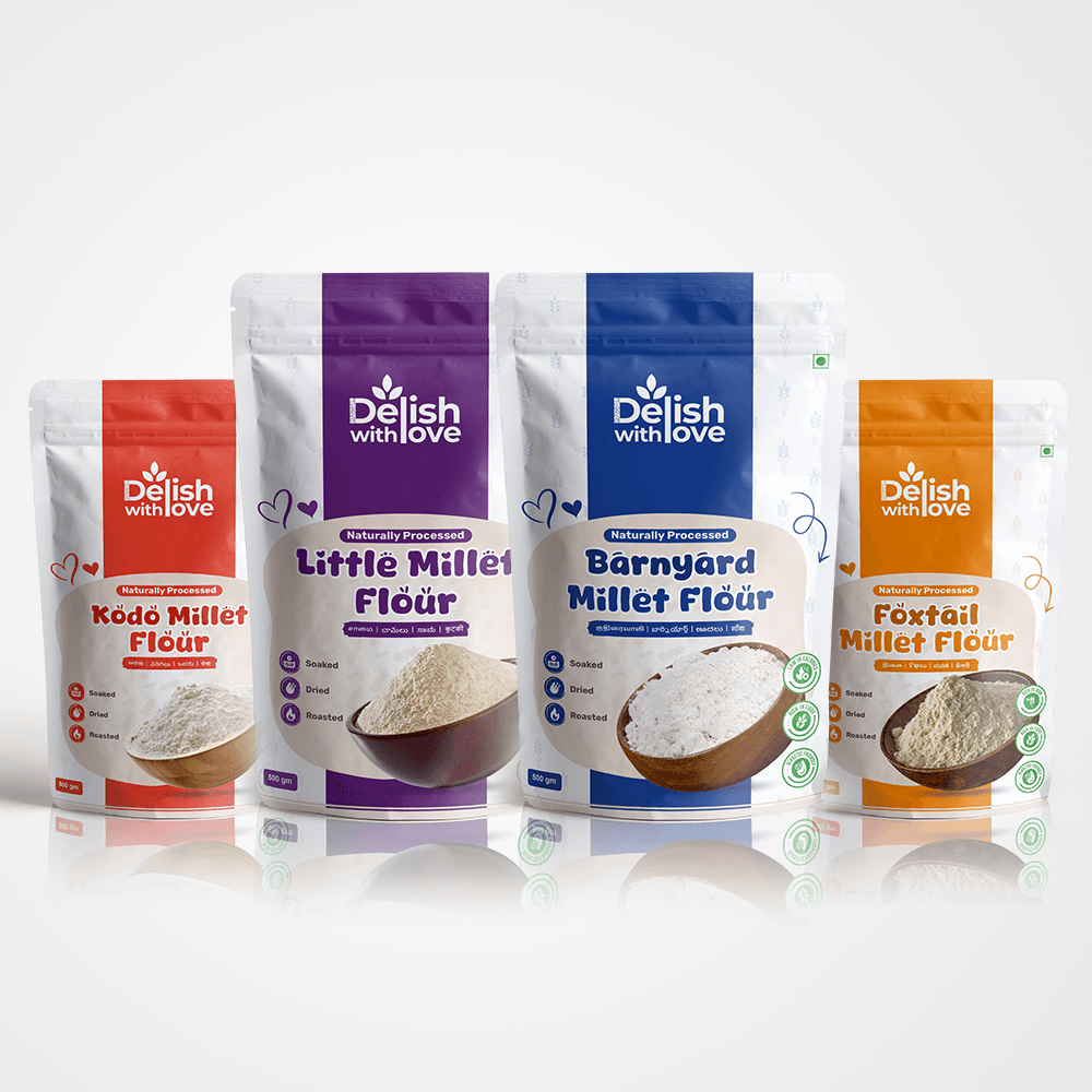 Siridhanaya Millet Flour Combo Pack  - (Foxtail  Millet Flour - 500g, Little Millet Flour - 500g, Kodo Millet Flour - 500g, Barnyard Millet Flour - 500g ) | Family-Friendly Pack | Nutritious Superfood | Positive Millets