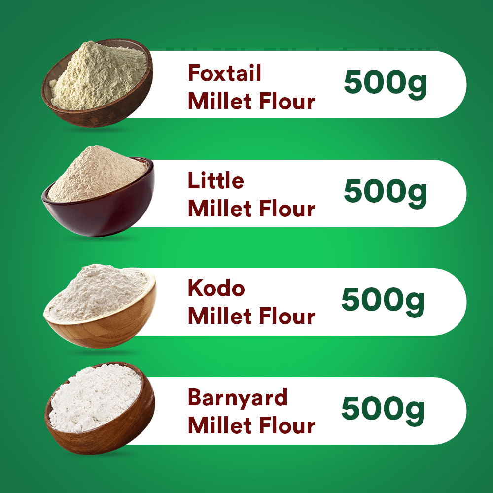 Siridhanaya Millet Flour Combo Pack  - (Foxtail  Millet Flour - 500g, Little Millet Flour - 500g, Kodo Millet Flour - 500g, Barnyard Millet Flour - 500g ) | Family-Friendly Pack | Nutritious Superfood | Positive Millets
