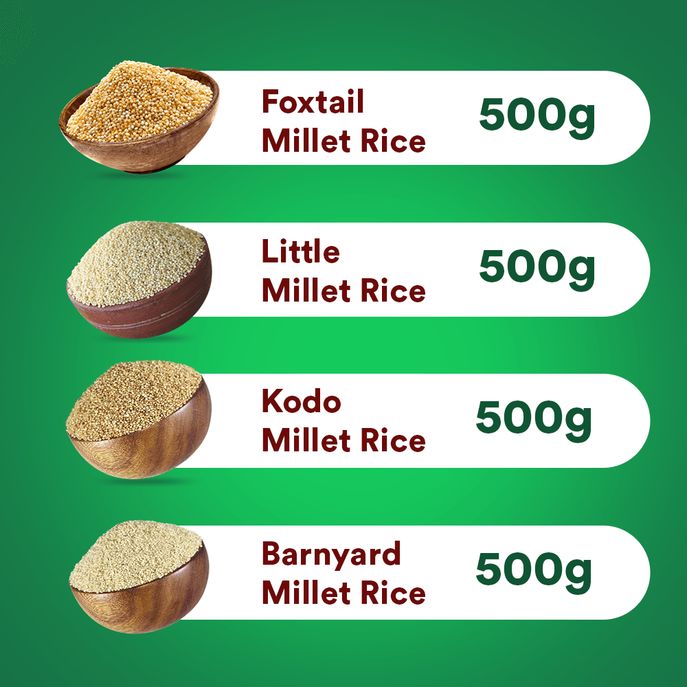 Siridhanaya Millet Grains Combo Pack  - (Foxtail  Millet Rice - 500g, Little Millet Rice - 500g, Kodo Millet Rice - 500g, Barnyard Millet Rice - 500g) | Family-Friendly Pack | Nutritious Superfood | Positive Millets