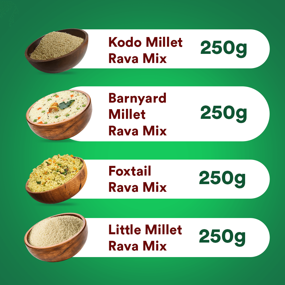 Siridhanaya Millet Rava-Mix Combo Pack  - (Kodo Millet Rava Mix -250g, Barnyard Millet Rava Mix - 250g, Foxtail Rava Mix - 250g, Little Millet Rava Mix - 250g ) | Family-Friendly Pack | Nutritious | Gluten-Free Superfood | Positive Millets