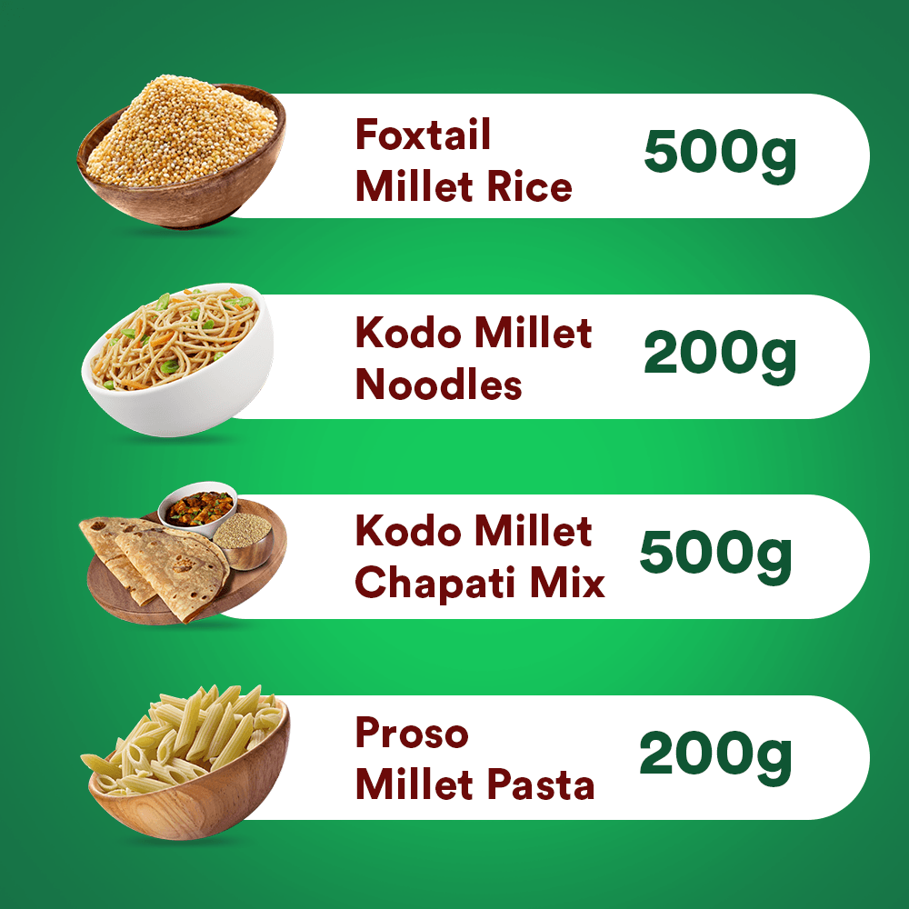 Siridhanaya Weight-Management Health Combo Pack - (Foxtail Millet Rice - 500g, Kodo Millet Noodles - 200g, Kodo Millet Chapati Mix - 500g, Proso Millet Pasta - 200g) | High Fiber | Supports Digestion | Boosts Metabolism | Enhances Energy