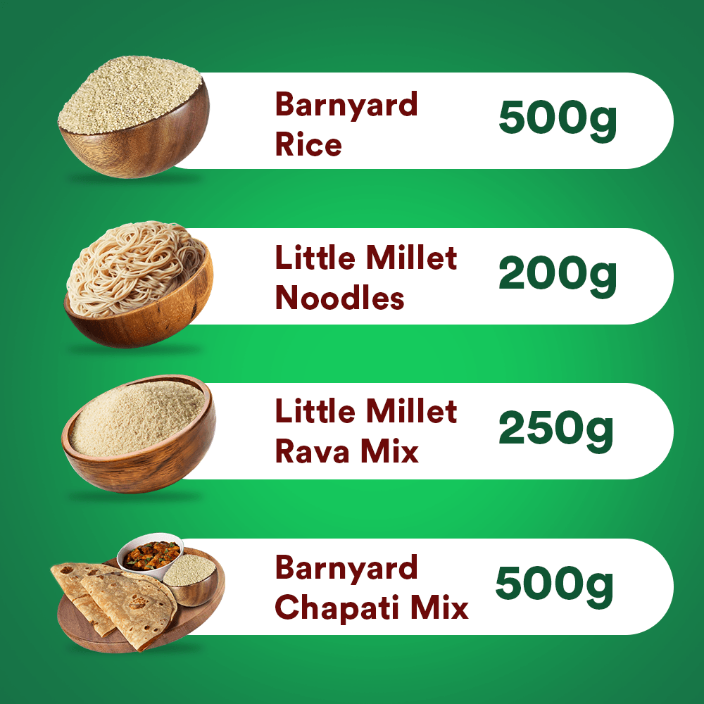 Siridhanya Digestive-Wellness Health Combo Pack - (Barnyard Rice - 500g, Little Millet Noodles - 200g, Little Millet Rava Mix - 250g, Barnyard Chapati Mix - 500g) | High Fiber | Promotes Gut Health | Supports Digestion | Boosts Energy Levels | Gluten-Free